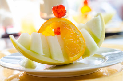 Close-up of food served in plate on table