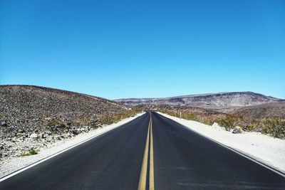 Empty road amidst landscape against clear blue sky