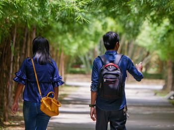 Rear view of friends walking on tree