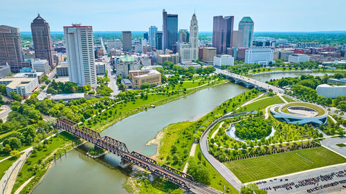 High angle view of buildings in city