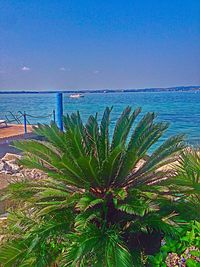 Scenic view of sea against blue sky