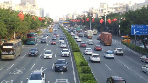 High angle view of traffic on road in city