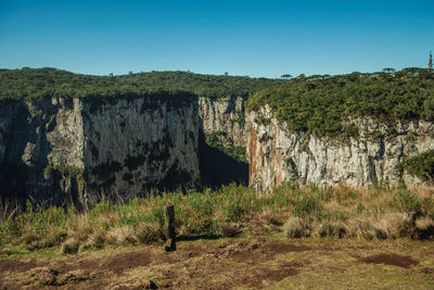 Itaimbezinho canyon with steep rocky cliffs going through a flat plateau, in cambará do sul, brazil.