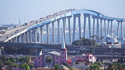 Bridge over river against buildings in city