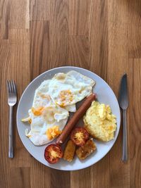 High angle view of breakfast served on table