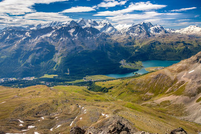 View to champfer and silvaplanersee lakes, mountains range,  piz nair area, st moritz, switzerland