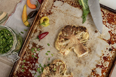 High angle view of bread on cutting board