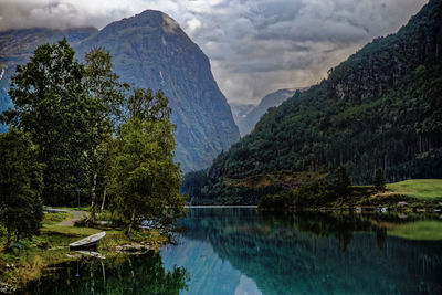 Scenic view of lake and mountains against sky