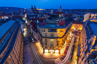 High angle view of illuminated cityscape at night