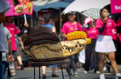 Close-up of animal skull with hat and flowers on table in city