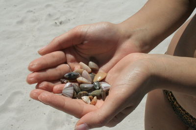 Midsection of woman holding pebbles at sandy beach on sunny day