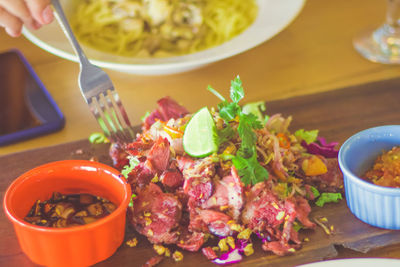 High angle view of meal served on table