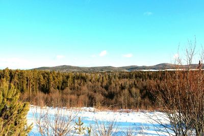 Scenic view of mountains against clear blue sky