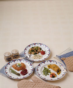 High angle view of breakfast served on table