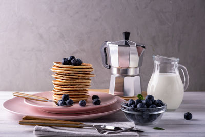 Close-up of breakfast on table against white background