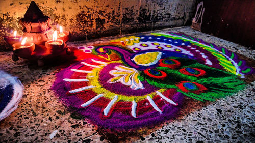 High angle view of illuminated light painting on wall