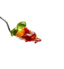 Close-up of red chili pepper against white background