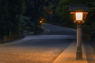 Illuminated street light on road at night