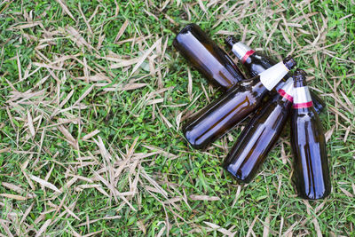 High angle view of bottle on field