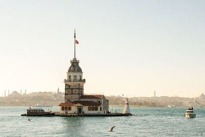 Lighthouse in sea against clear sky