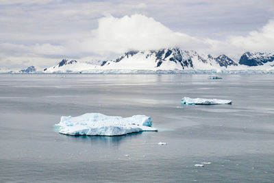 Scenic view of icebergs and sea against sky during winter