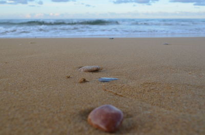 Close-up of pebbles on beach against sky