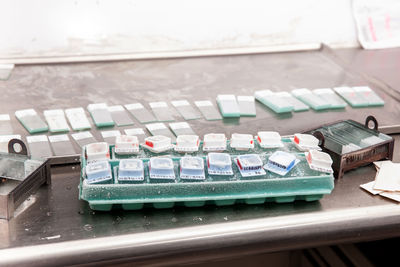 Frozen blocks of paraffin embedded tissue kept cold on ice ready to be cut using a microtome. 