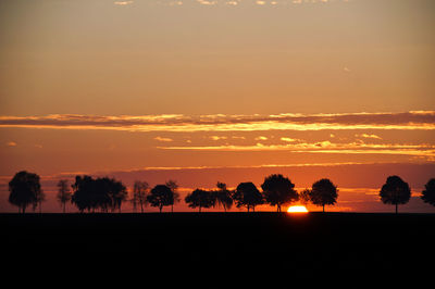 Silhouette trees on field against romantic sky during sunset