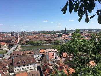 High angle view of town against sky