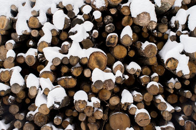 Full frame shot of logpile in snow 