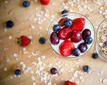 High angle view of strawberries in bowl on table