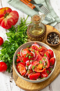 High angle view of salad in plate on table