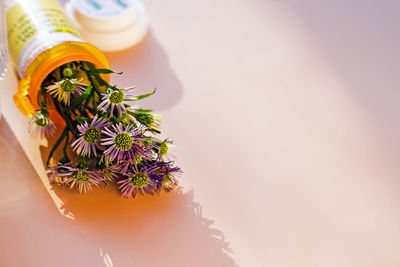 Close-up of flowers in the orange bottle for prescribed medication. alternative medicine concept. 