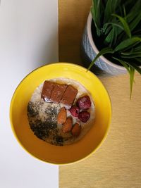 High angle view of breakfast served on table