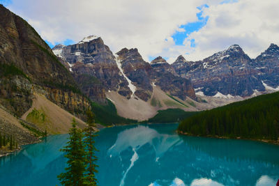 Scenic view of lake and mountains against sky