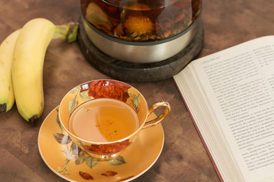 High angle view of hot drink on table