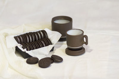 High angle view of coffee cups on table