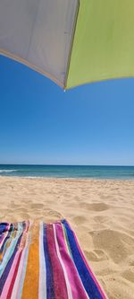 Scenic view of beach against clear blue sky