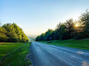 Road by trees against clear sky