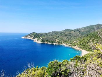 High angle view of bay against clear blue sky