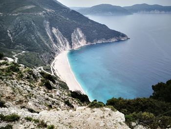 High angle view of sea and mountains