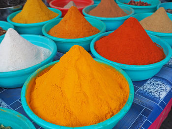 High angle view of spices for sale in market