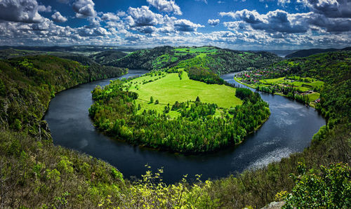 Horseshoe shaped meander of vltava river in czech republic in summer