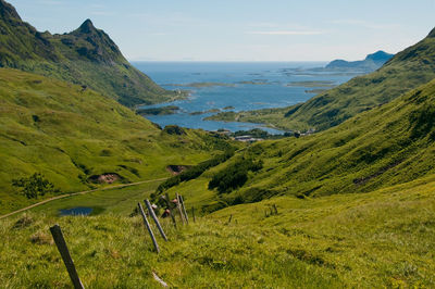 Scenic view of sea and mountains against sky