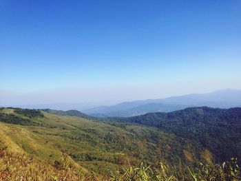 Scenic view of mountains against clear blue sky