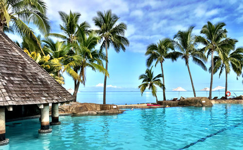 Palm trees by swimming pool against sky