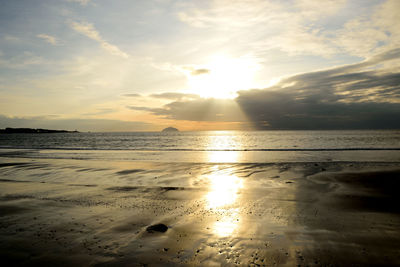 View of calm beach at sunset