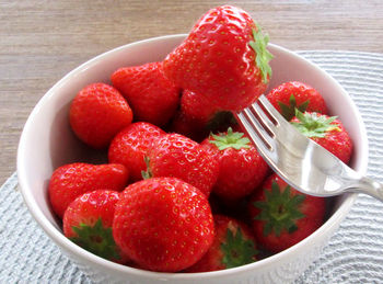 High angle view of strawberries in bowl on table