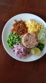 High angle view of food served on table