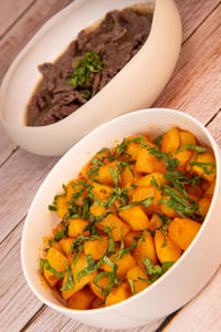 High angle view of food in bowl on table